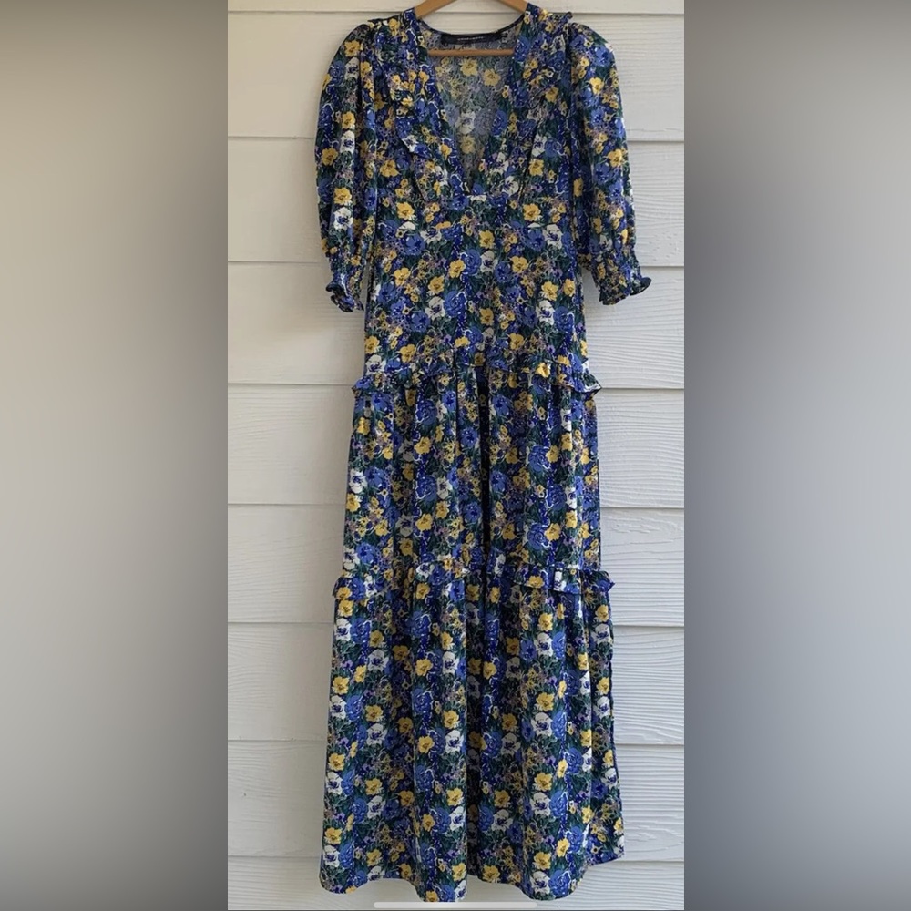 Code x Mode Maxi Blue Floral Dress size XS Puff Sleeves Elastic Waist V-neck